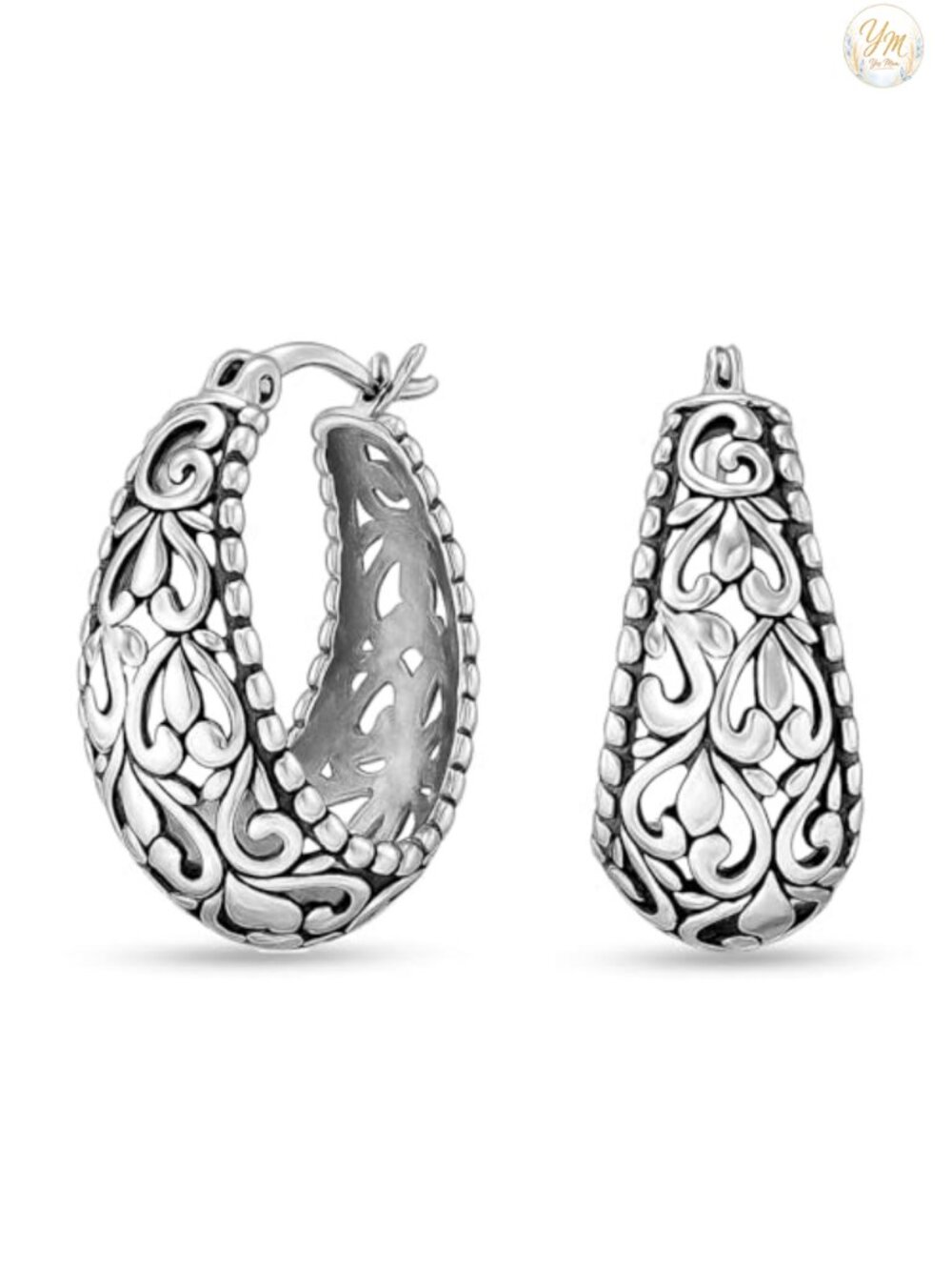 925 Sterling Silver Filigree Hoop Earrings Women Antique Oxidized Chunky